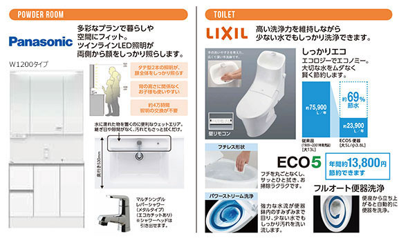 EQUIPMEMT
－快適な暮らしを応援するプラスαのこだわり－
 【洗面台】シーライン（Panasonic）
 【トイレ】ベーシア（LIXIL）